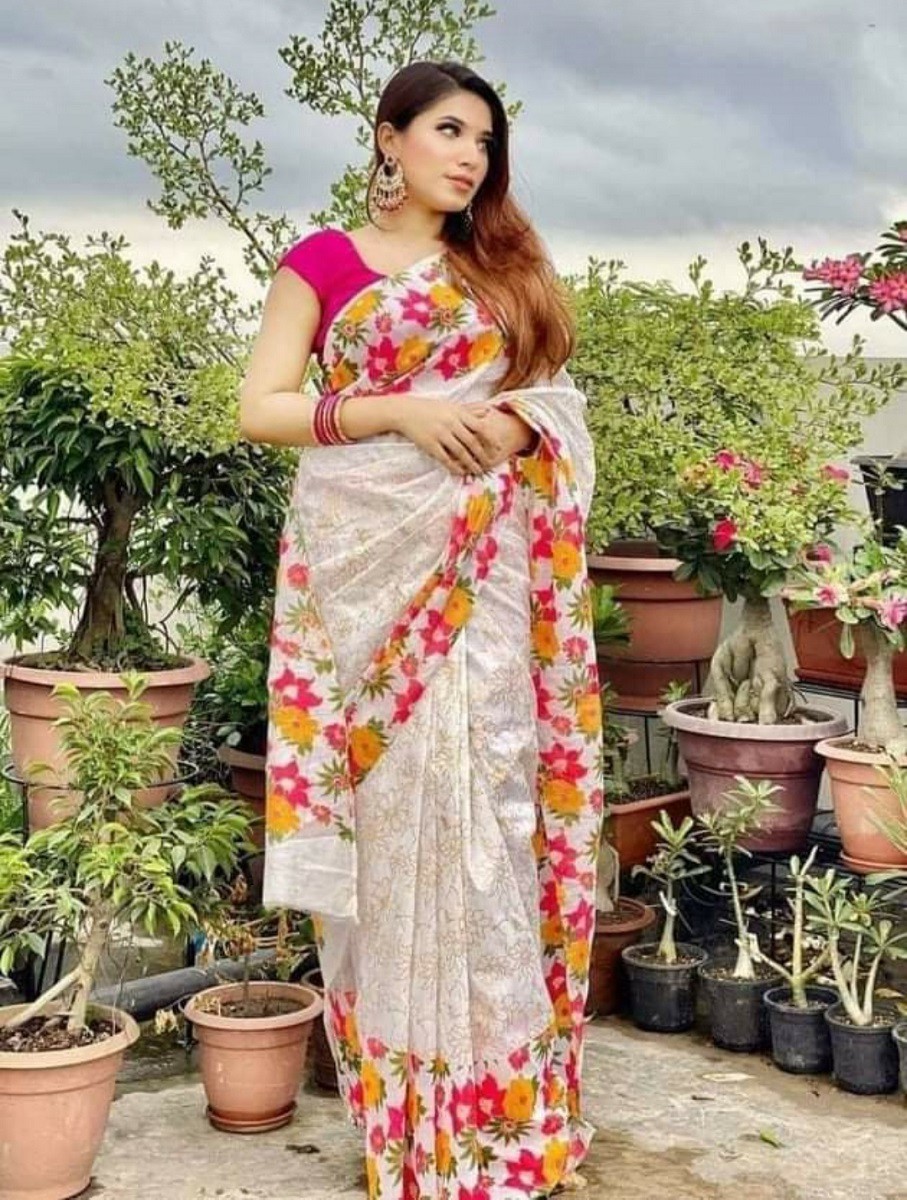 Half Silk Block Print Sari for Women