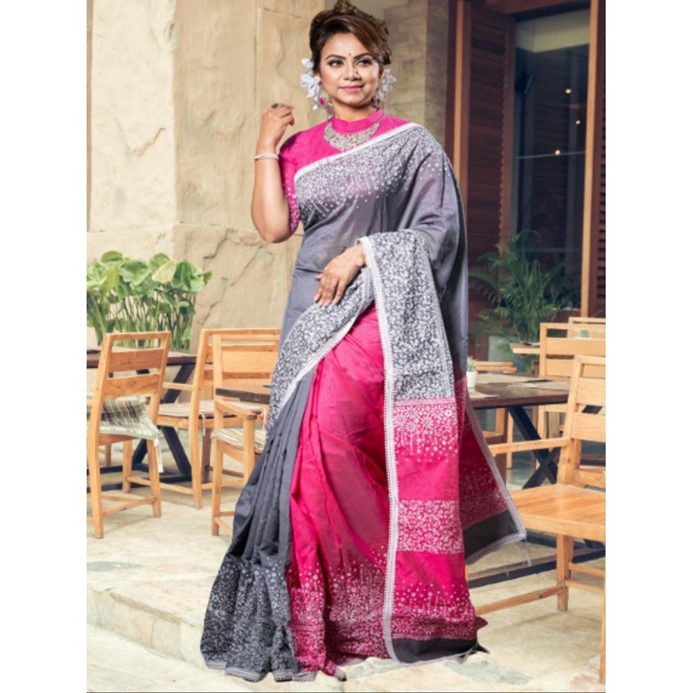 Half Silk Block Print Sari for Women