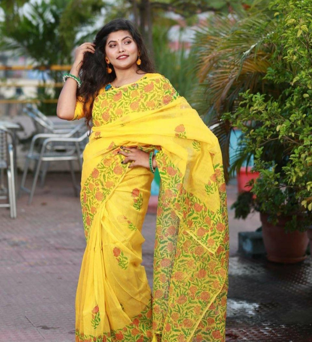 Half Silk Block Print Sari for Women