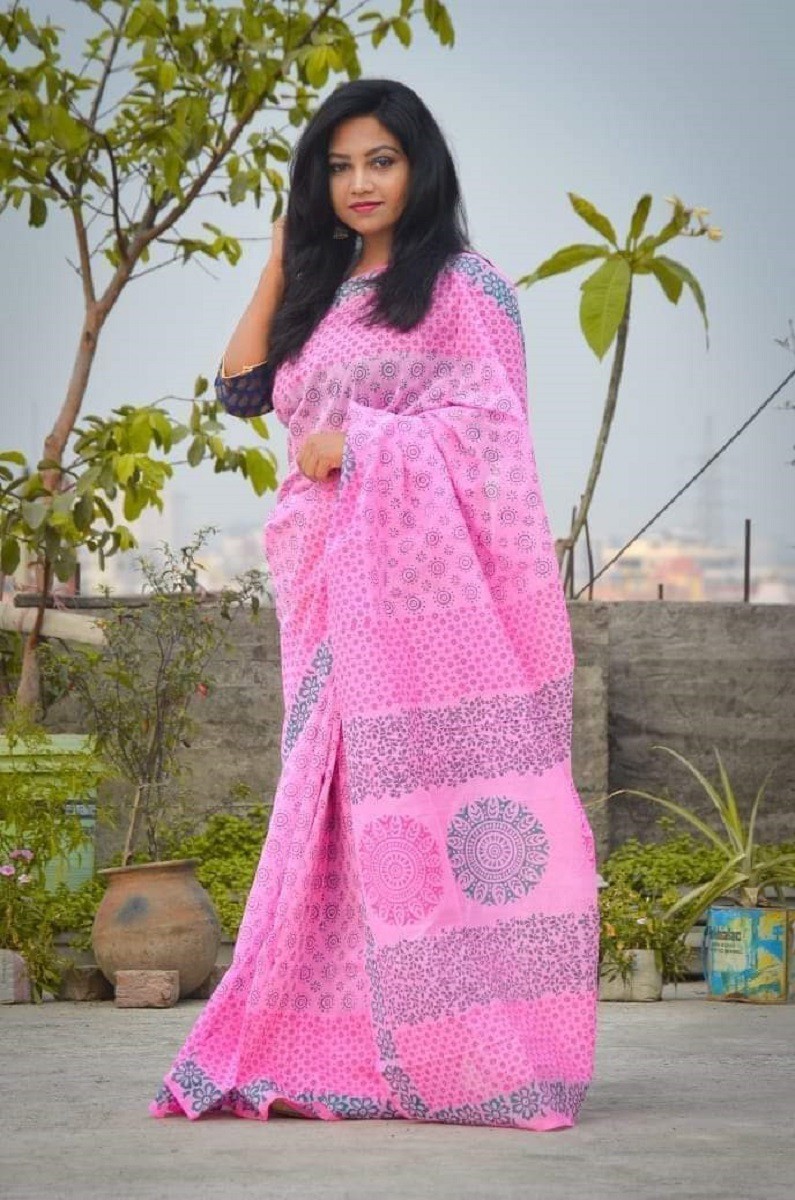 Half Silk Block Print Sari for Women