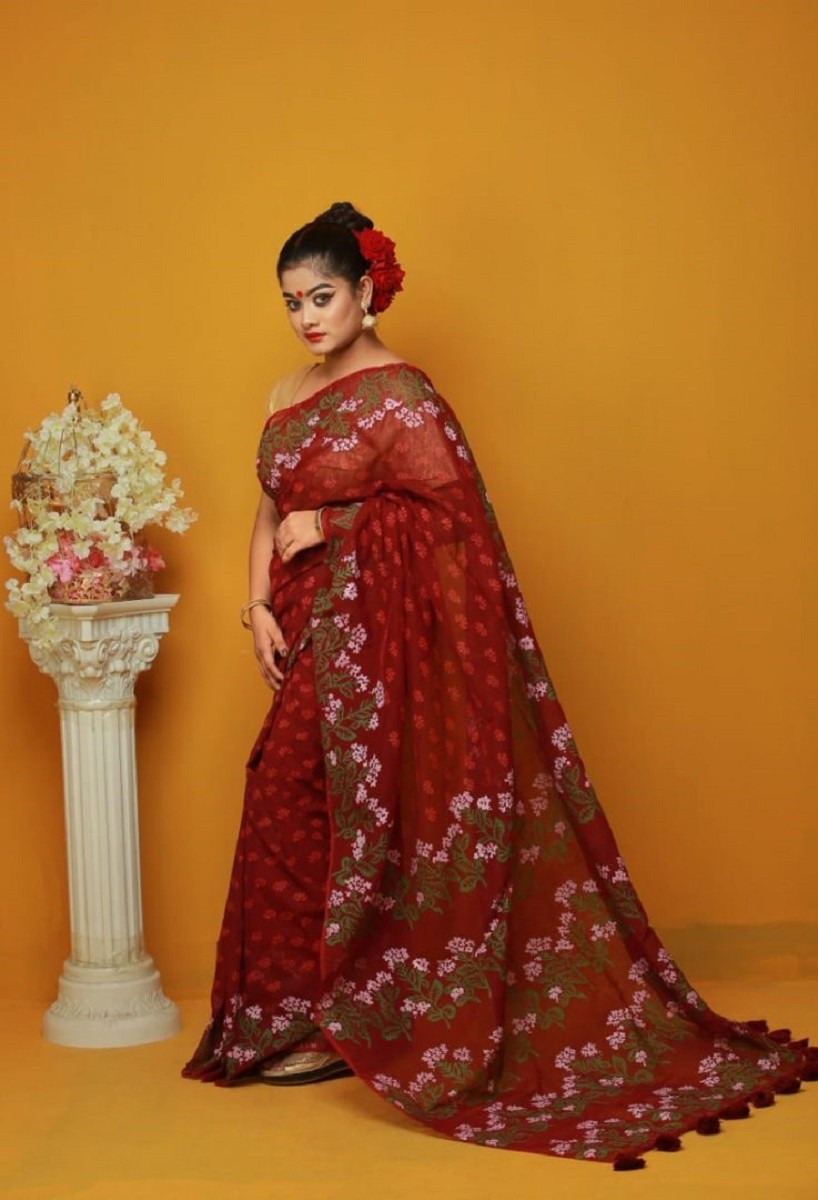 Half Silk Block Print Sari for Women