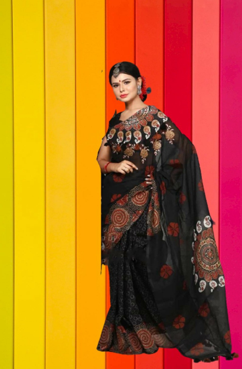Half Silk Block Print Sari for Women