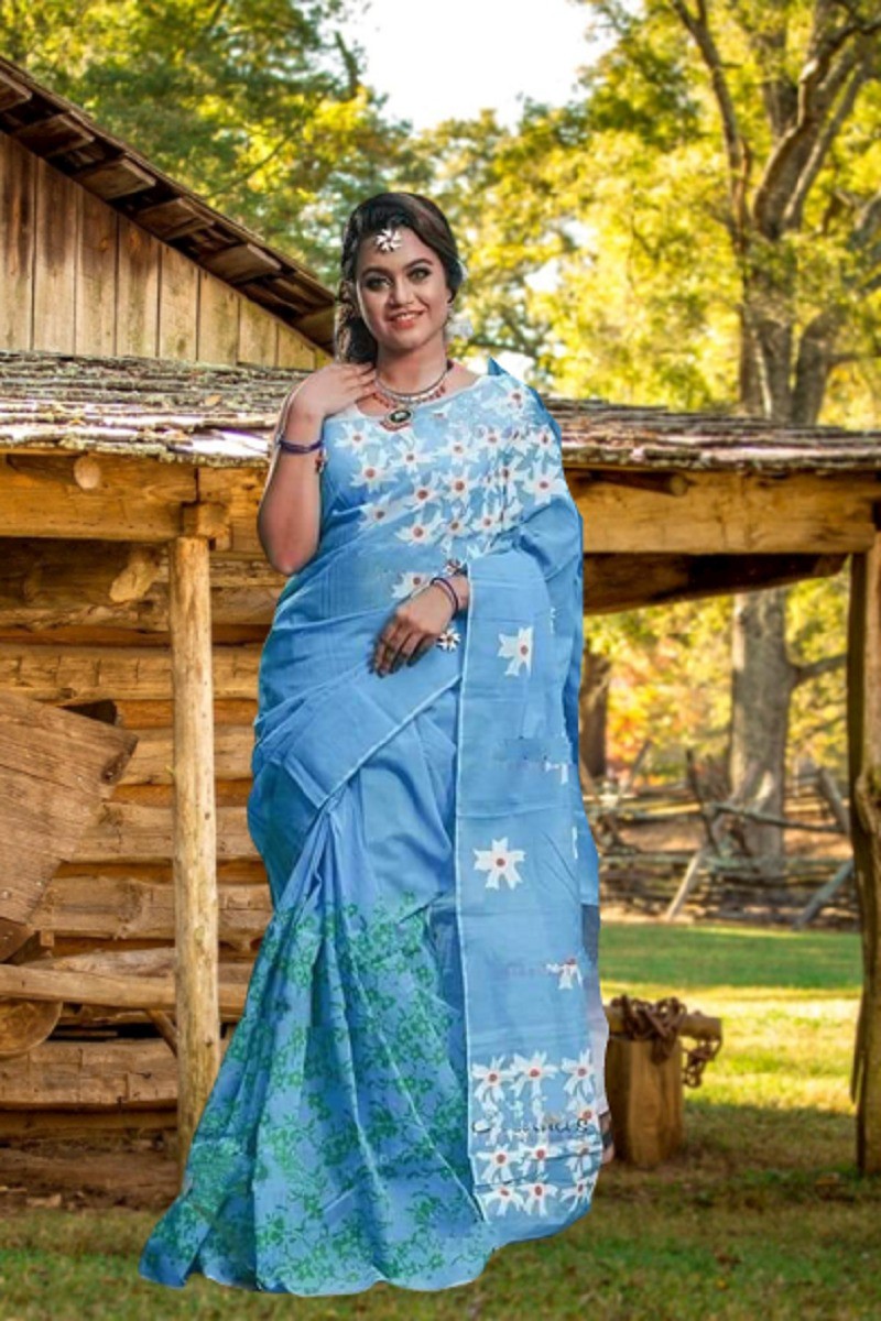 Half Silk Block Print Sari for Women