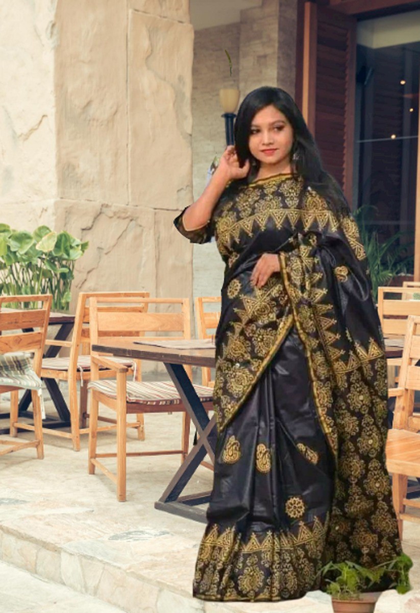 Half Silk Block Print Sari for Women